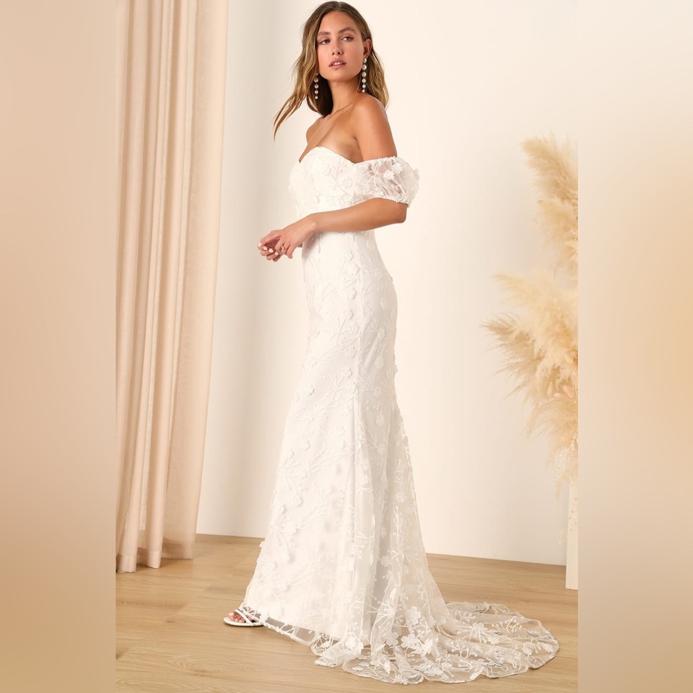 Lulu's Off-Shoulder Lace Wedding Dress in White - Picture 4 of 4